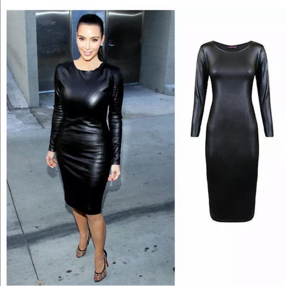 Yi Feng Plus Size Leather Midi Bodycon Dress